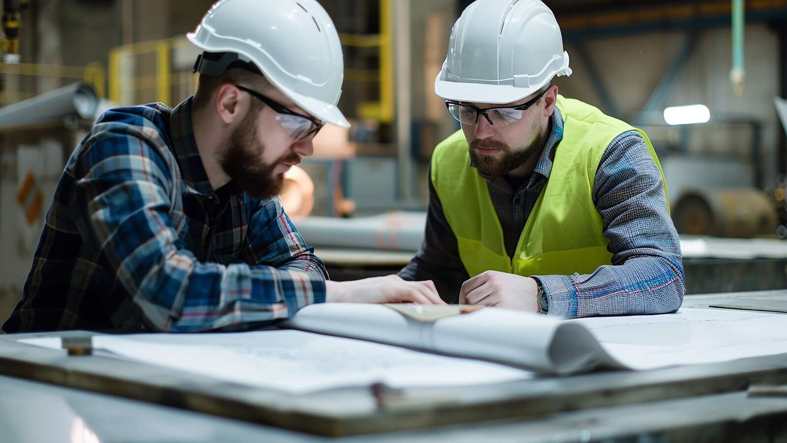 Dos técnicos con casco y gafas de seguridad revisando planos sobre una mesa en la planta